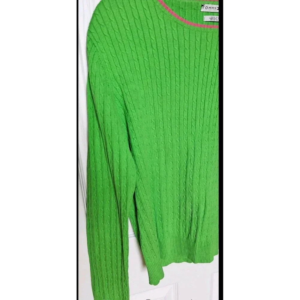 Vintage 90s Y2K Tommy Hilfiger Lime Green Cable Knit Sweater XL Brat Preppy